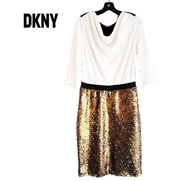 DKNY NEW Minimalist Glam Graffiti Skirt Cowl Neck 3/4-Sleeve Mini Dress 6 - Picture 1 of 12